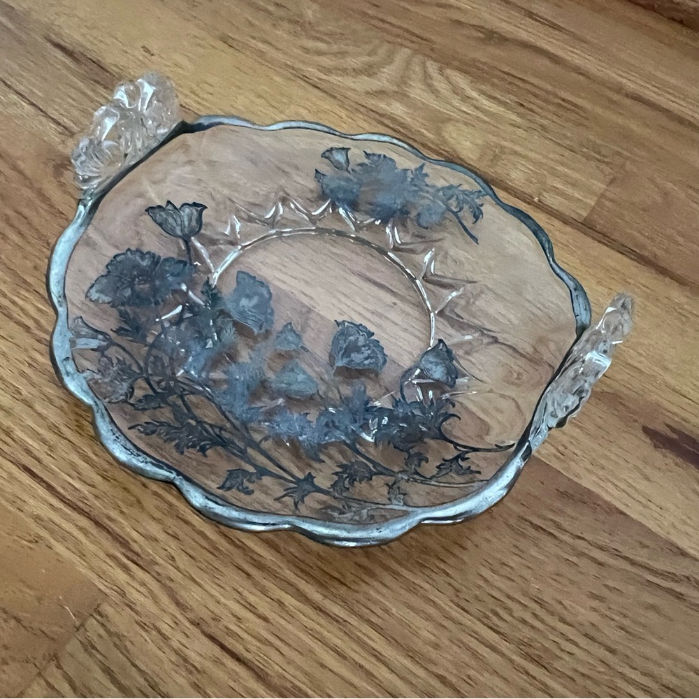 Vintage Glass Serving Plate with Ornate Handles & Silver-Tone Floral Design